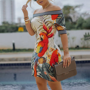 Ladies Off Shoulder Bird Pattern Striped Dress - fashionapparelshop.com