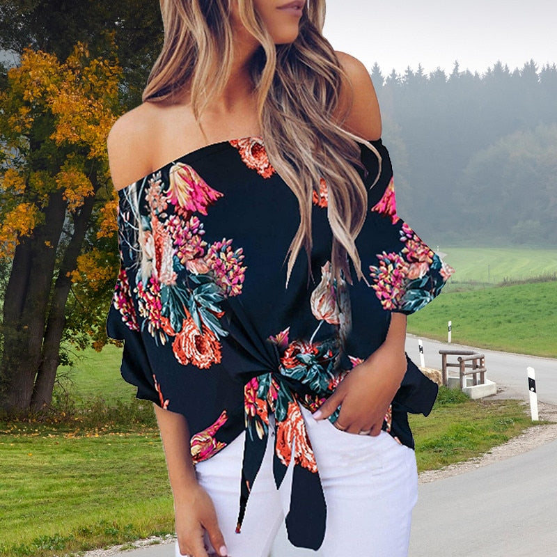 Women Floral Printing Off Shoulder Casual Blouse - fashionapparelshop.com