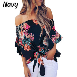 Open image in slideshow, Women Floral Printing Off Shoulder Casual Blouse - fashionapparelshop.com
